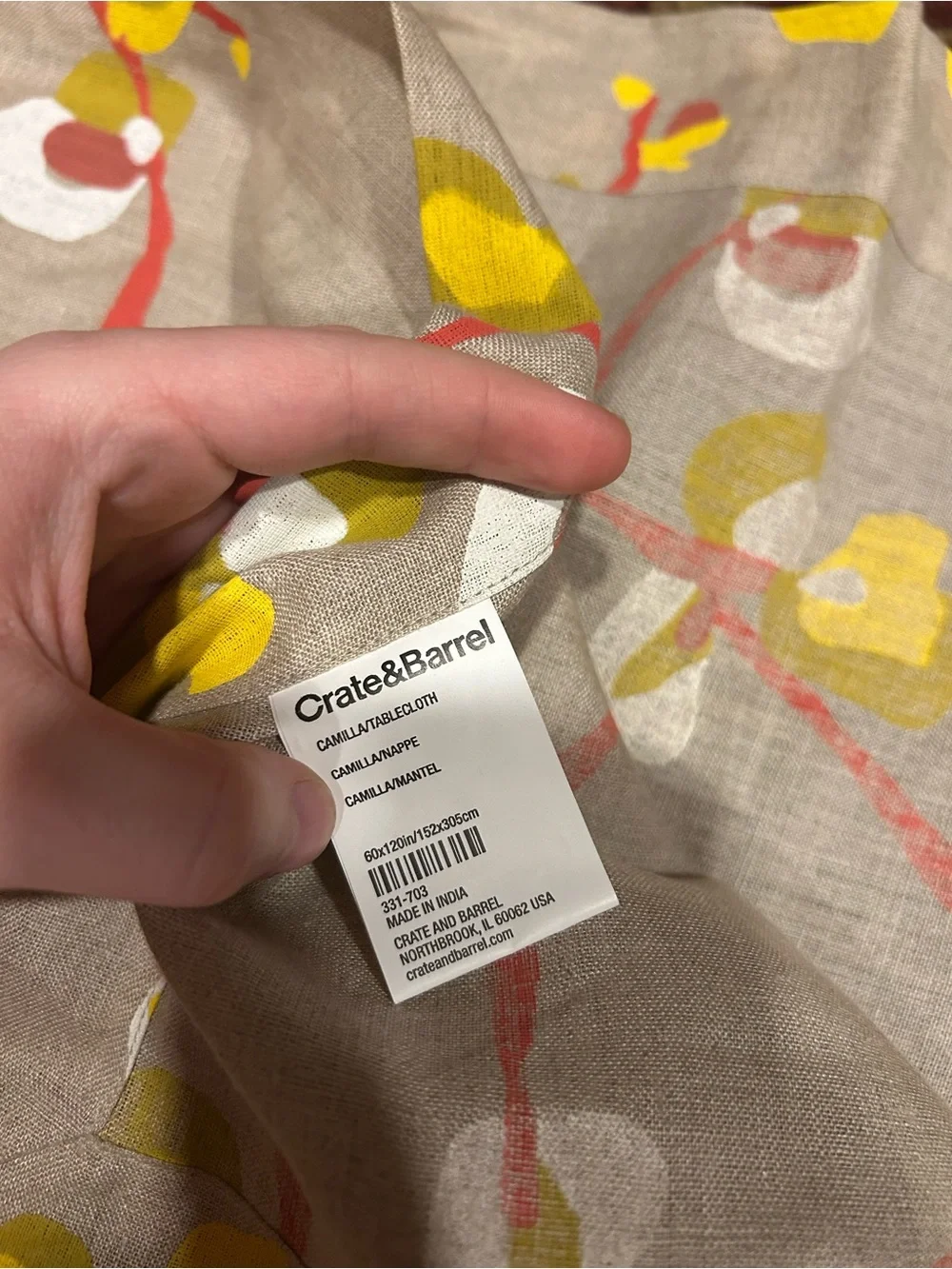 Crate&Barrel Tan Yellow Red White Floral Patterned Table Cloth 60x120 Inches